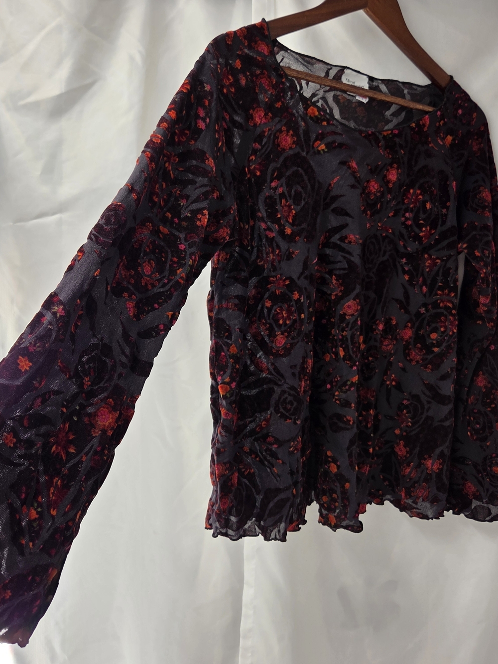 VTG Mimi Maternity Y2K Red Rose Velvet Burnout Bell Sleeve Mesh Top M Whimsigoth